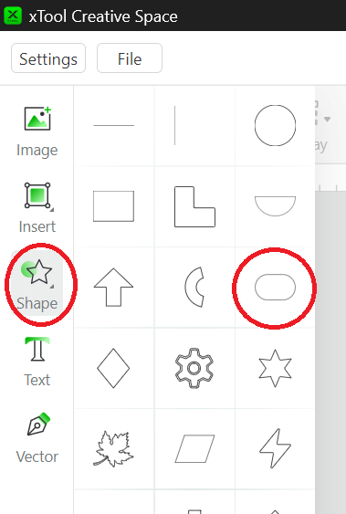 Screenshot of xTool Creative Space selection of "Shape" and "Rounded Rectangle" highlighted.