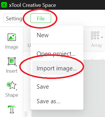 Screenshot of xTool Creative Space selection of "File" and "Import image..." menu items highlighted.