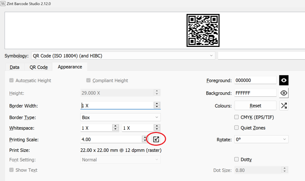 Screenshot of Zint Barcode Studio on the "Appearance" tab (highlighted) with the "Set Printing Scale by X-dimension and resolution" button highlighted.