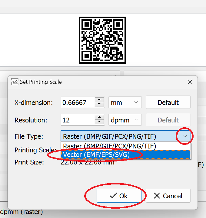 Screenshot of Zint Barcode Studio on the "Appearance" tab with a popup screen showing the "File Type" with a selected value of "Vector (EMG/EPS/SVG)" and the "Ok" button highlighted.