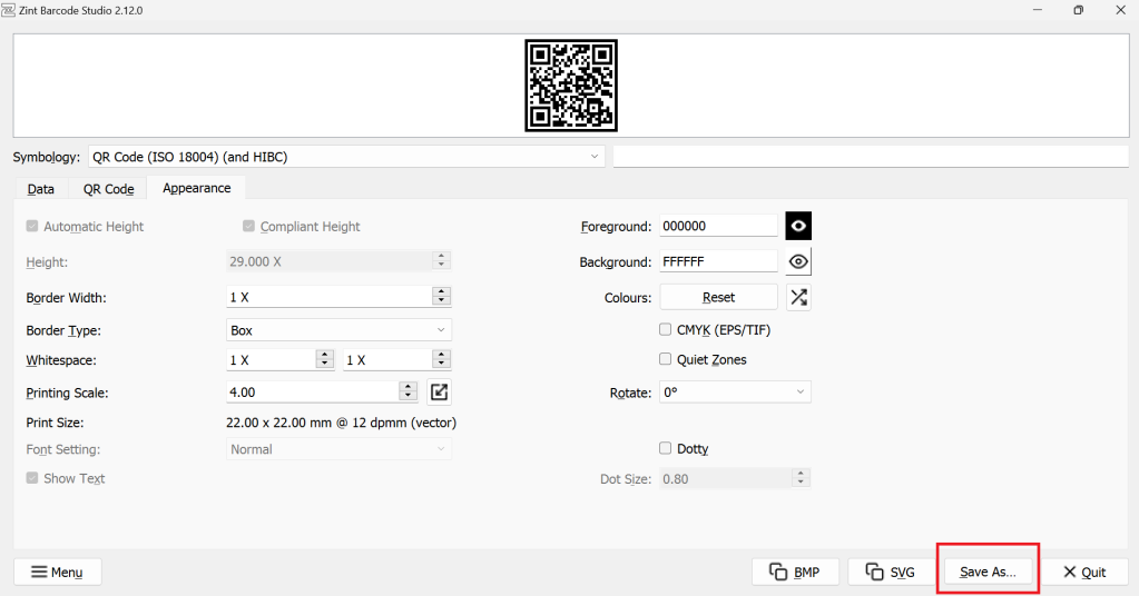 Screenshot of Zint Barcode Studio on the "Appearance" tab with the "Save As..." button highlighted.
