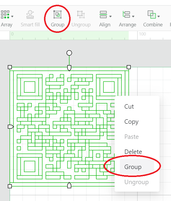 Screenshot of xTool Creative Space selection of imported "QR Code" generated by Zint Barcode Studio - it is selected, the "Group" toolbar button is highlighted, as well as the "Group" menu entry from the list of options in the right-click menu.