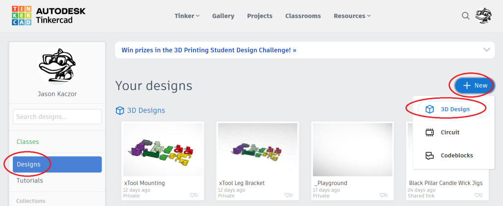 Screenshot of Tinkercad website with the "Designs" tab and "+ New" button and "3D Design" menu choice highlighted..