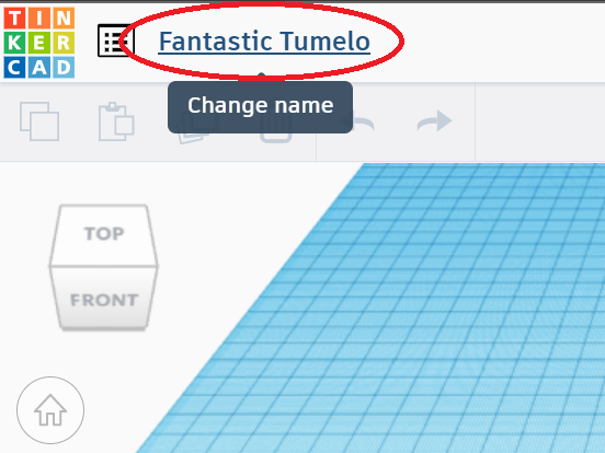 Screenshot of Tinkercad website design surface with the auto-generated design name of: "Fantastic Tumelo", which is meaningless.