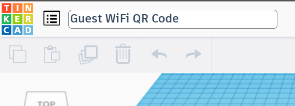 Screenshot of Tinkercad website design surface with the design name changed to: "Guest WiFi QR Code".