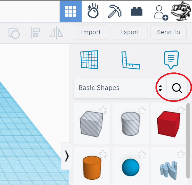 Screenshot of Tinkercad website design surface with the tool panel "Search" icon highlighted.