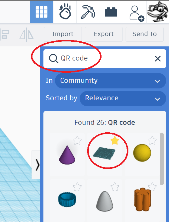 Screenshot of Tinkercad website design surface search panel with the term "QR Code" highlighted.