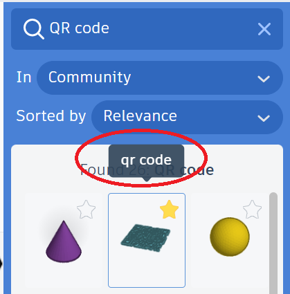 Screenshot of Tinkercad website design surface search results for the term "QR Code" with a popup tooltip highlighted.