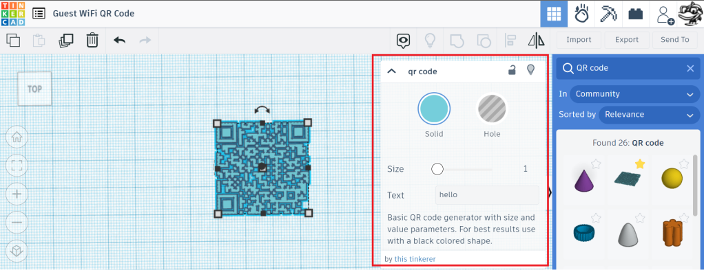 Screenshot of Tinkercad website design surface with a "QR Code" object selected it's property values and control panel highlighted.