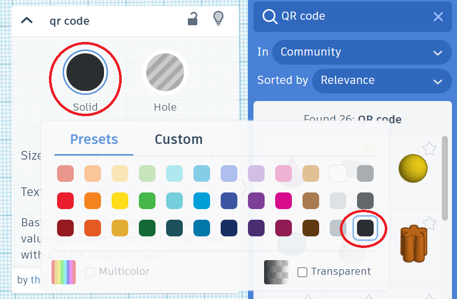 Screenshot of Tinkercad website design surface with a "QR Code" object selected, a colour picker panel the current colour and selected colour of 'black' highlighted.
