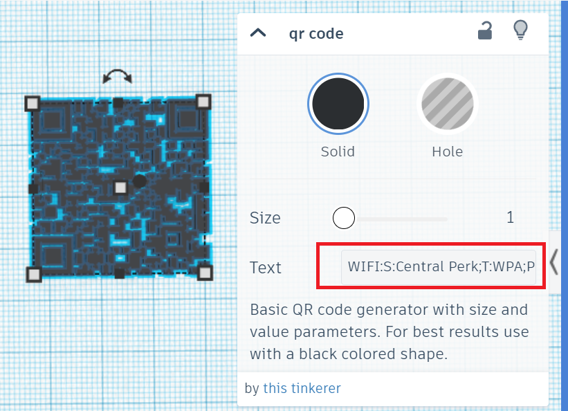 Screenshot of Tinkercad website design surface with a "QR Code" object selected and the "Text" value highlighted.