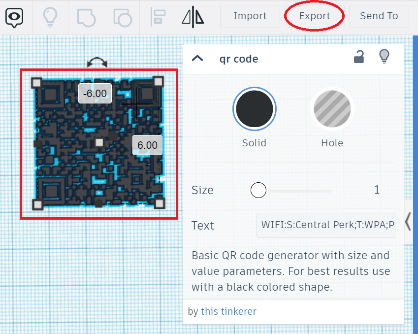 Screenshot of Tinkercad website design surface with a "QR Code" object selected and the "Export" toolbar button highlighted.