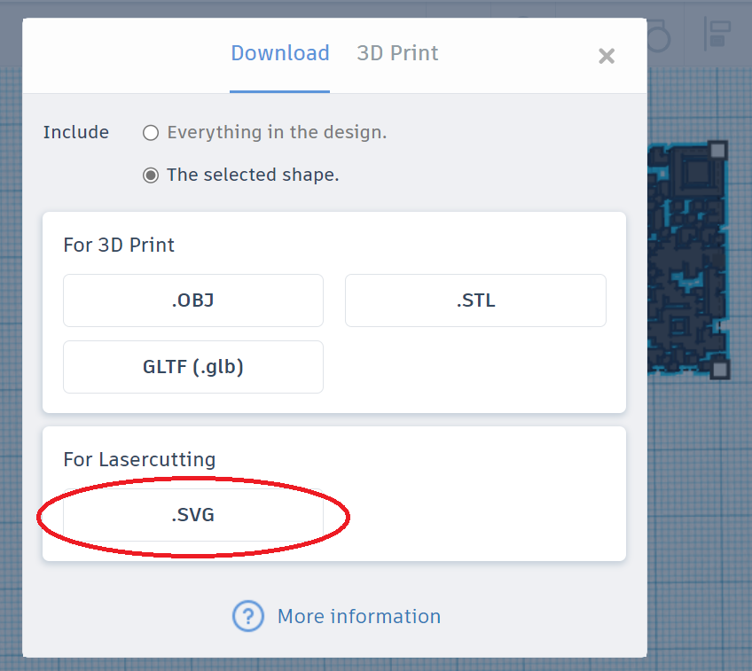 Screenshot of Tinkercad website object export popup window. with the ".SVG" button within the "For Lasercutting" section highlighted.