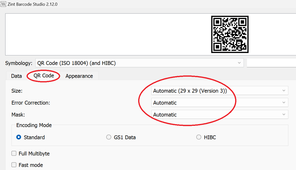 Screenshot of Zint Barcode Studio on the "QR Code" tab (highlighted) with the "Size", "Error Correction" and "Mask" default values of "Automatic" highlighted.