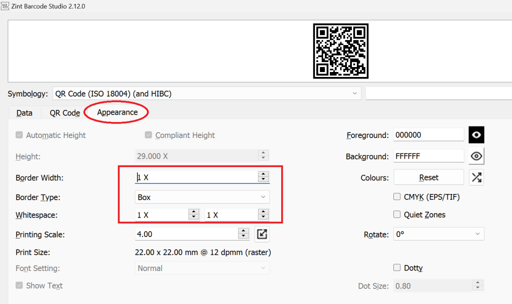 Screenshot of Zint Barcode Studio on the "Appearance" tab (highlighted) with the "Border Width", "Border Type" and "Whitespace" values highlighted.